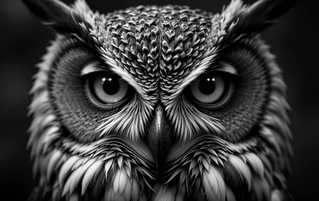 Intense Owl Stare Black and White Portrait – Striking Wildlife Fine Art Photography