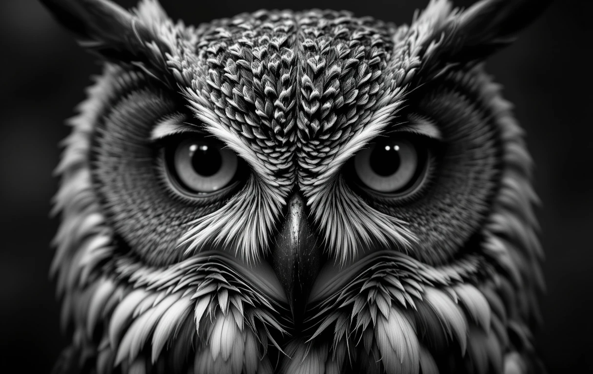 Intense Owl Stare Black and White Portrait – Striking Wildlife Fine Art Photography