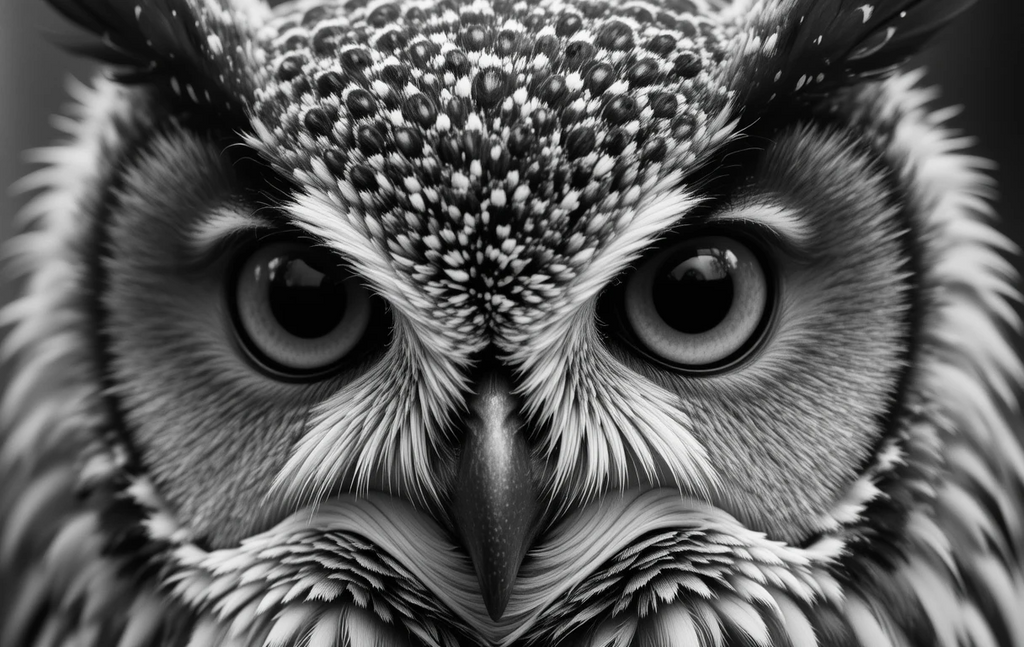 Intense Owl Stare Black and White Portrait – Striking Wildlife Fine Art Photography