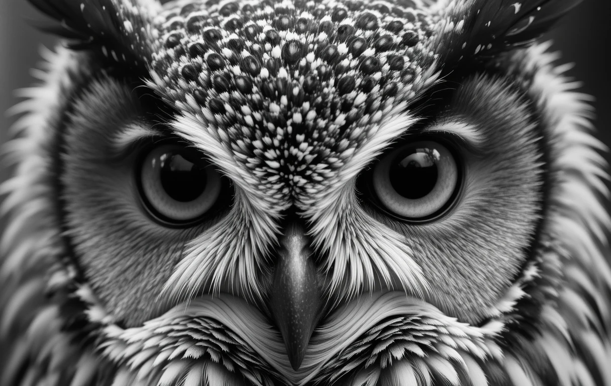 Intense Owl Stare Black and White Portrait – Striking Wildlife Fine Art Photography