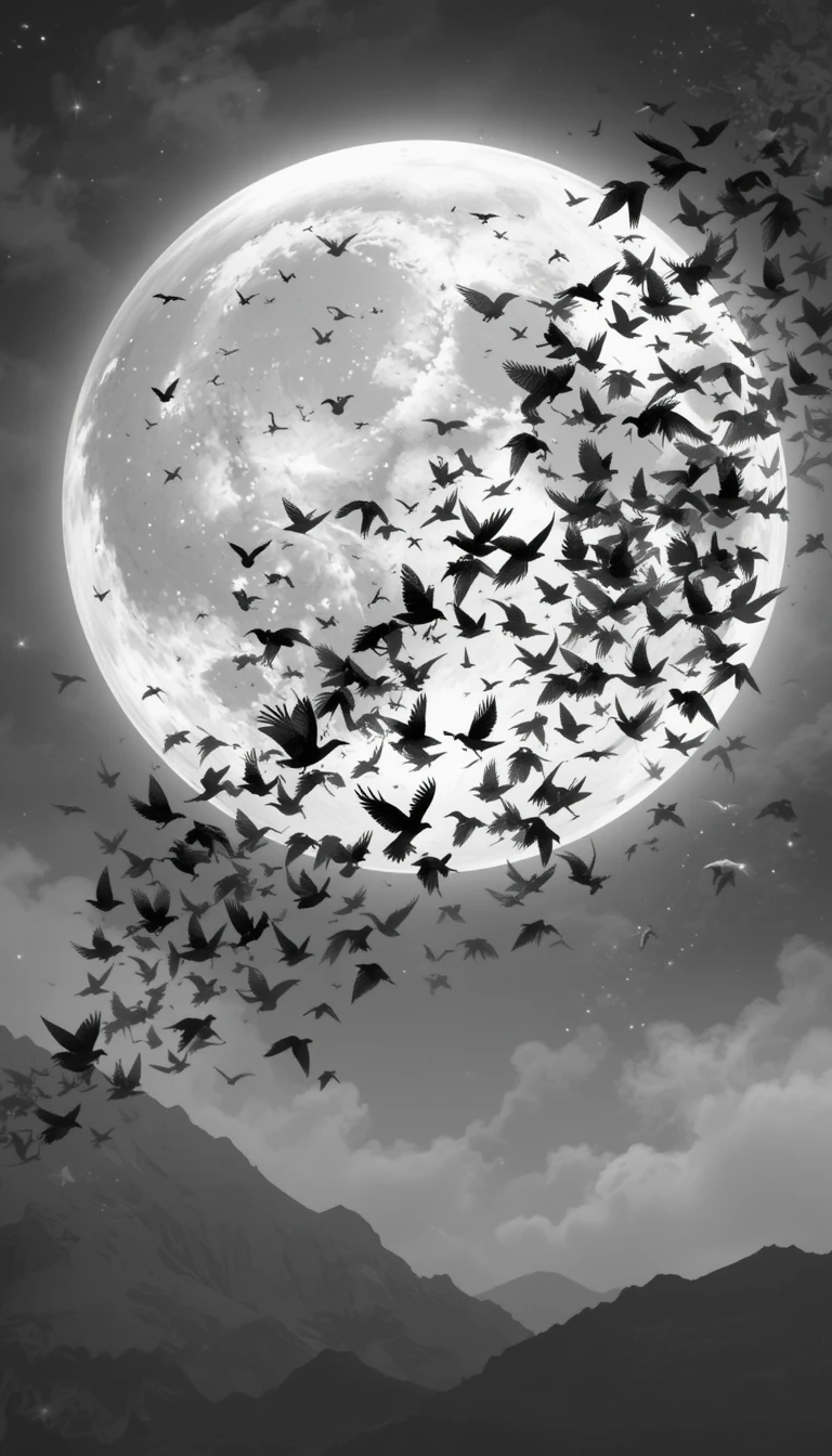 Flock of Birds Silhouetted Against Full Moon – Dramatic Black and White Wall Art