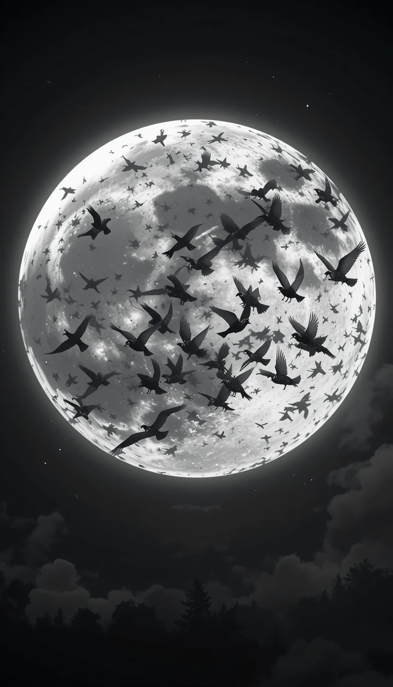 Flock of Birds Silhouetted Against Full Moon – Dramatic Black and White Wall Art