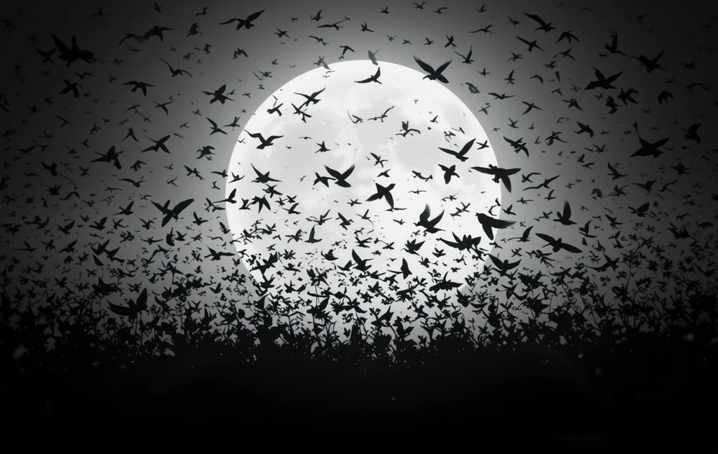Flock of Birds Silhouetted Against Full Moon – Dramatic Black and White Wall Art