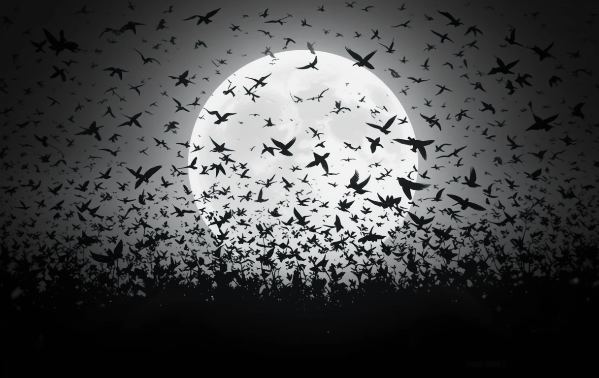Flock of Birds Silhouetted Against Full Moon – Dramatic Black and White Wall Art