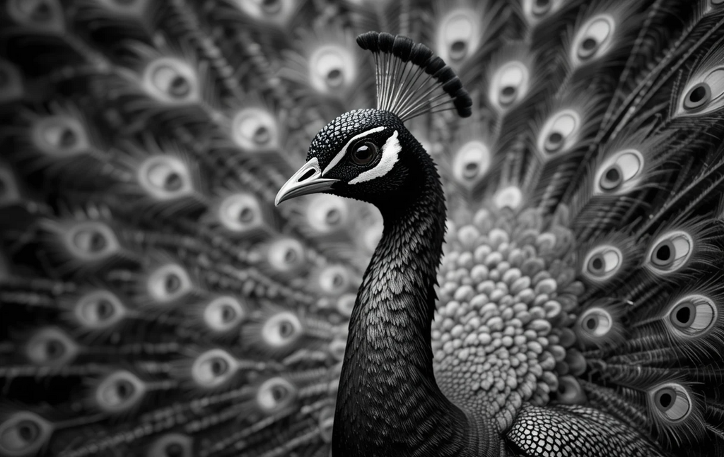 Majestic Peacock Portrait in Black and White – Elegant Bird Photography Wall Art