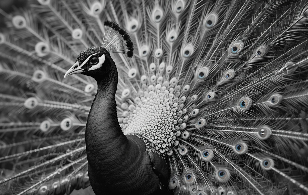 Majestic Peacock Portrait in Black and White – Elegant Bird Photography Wall Art