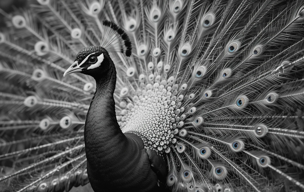 Majestic Peacock Portrait in Black and White – Elegant Bird Photography Wall Art