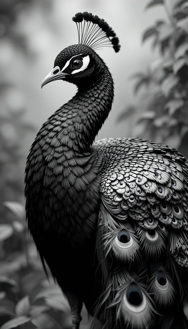 Majestic Peacock Portrait in Black and White – Elegant Bird Photography Wall Art