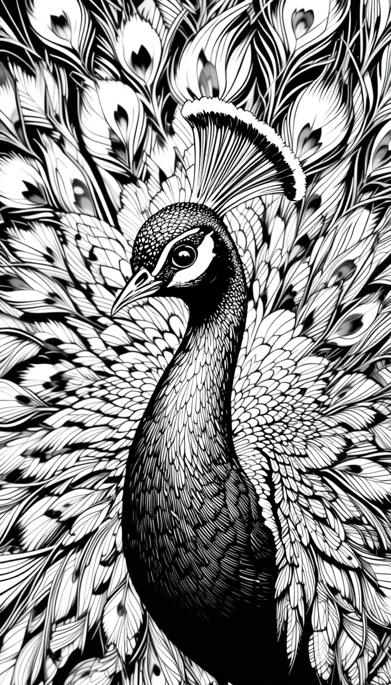Majestic Peacock Portrait in Black and White – Elegant Bird Photography Wall Art