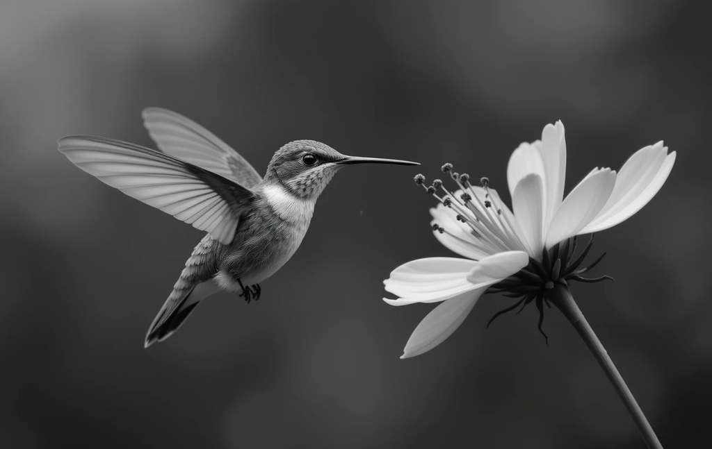 Black and White Hummingbird in Flight – Fine Art Nature Photography Print