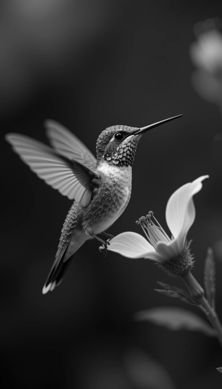 Black and White Hummingbird in Flight – Fine Art Nature Photography Print