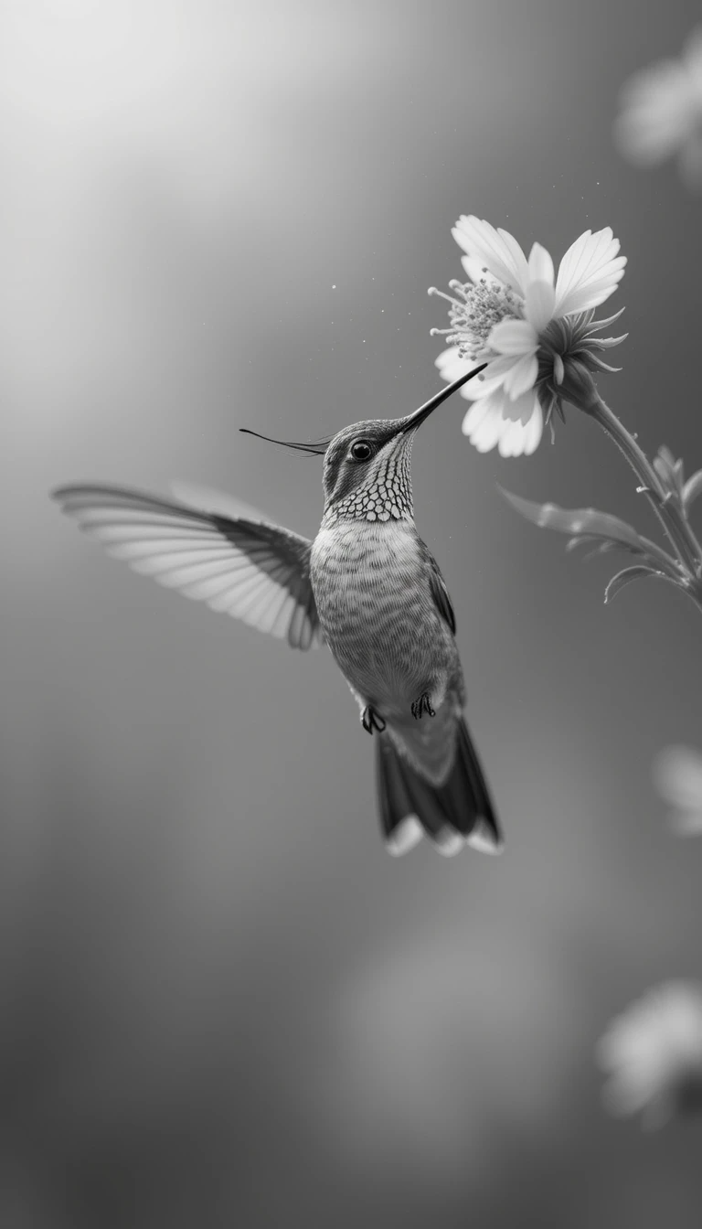 Black and White Hummingbird in Flight – Fine Art Nature Photography Print