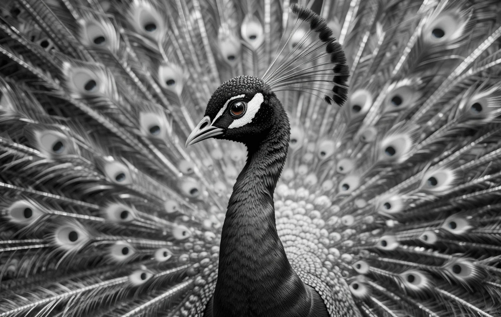 Majestic Peacock Portrait in Black and White – Elegant Bird Photography Wall Art