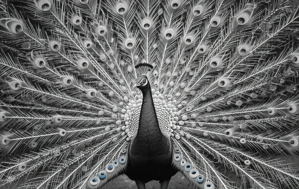Majestic Peacock Portrait in Black and White – Elegant Bird Photography Wall Art
