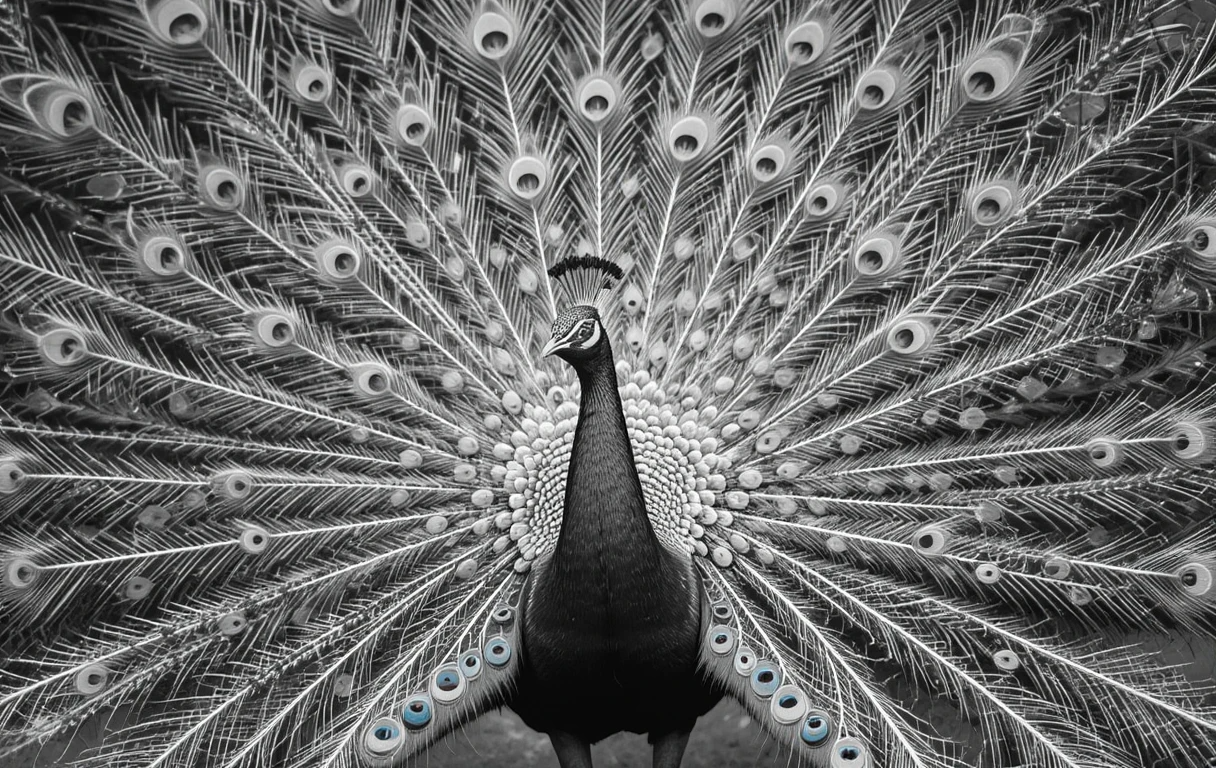 Majestic Peacock Portrait in Black and White – Elegant Bird Photography Wall Art