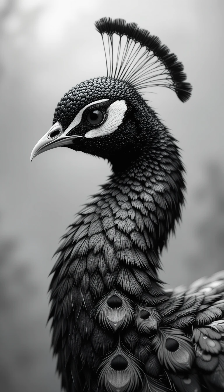 Majestic Peacock Portrait in Black and White – Elegant Bird Photography Wall Art