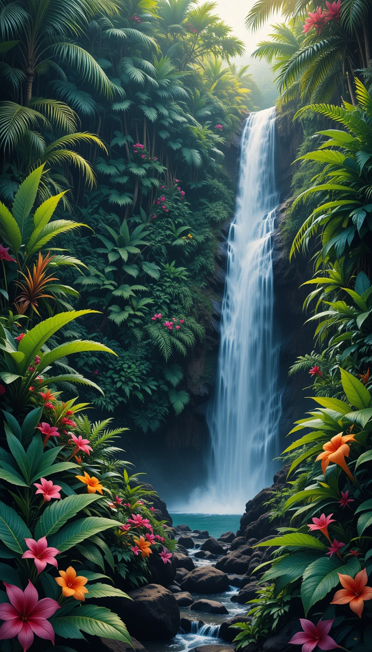 Tropical Jungle Waterfall Paradise - Palm Fronds Hibiscus Falls My Store