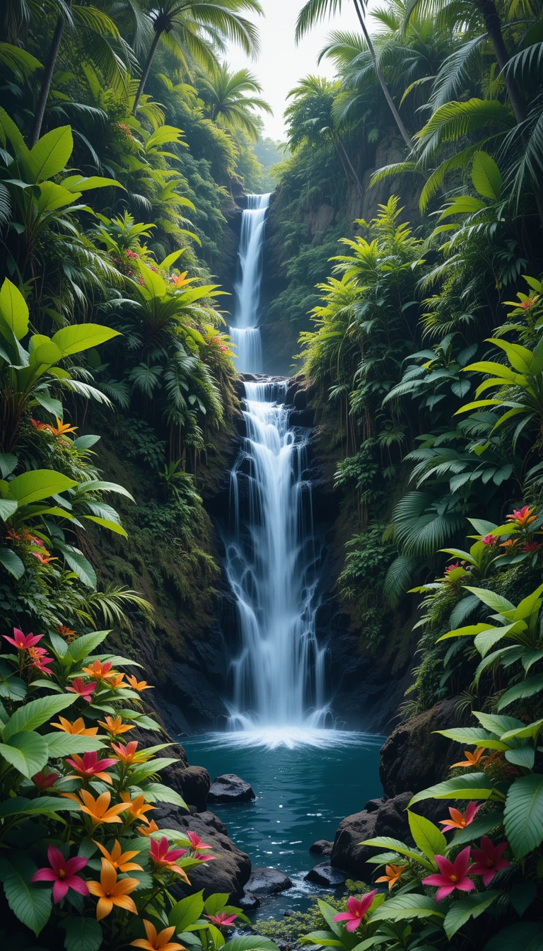 Tropical Jungle Waterfall Paradise - Palm Fronds Hibiscus Falls My Store