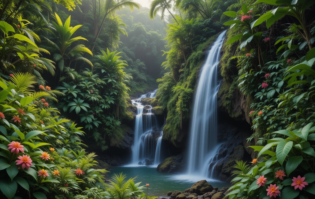 Tropical Jungle Waterfall Paradise - Palm Fronds Hibiscus Falls My Store