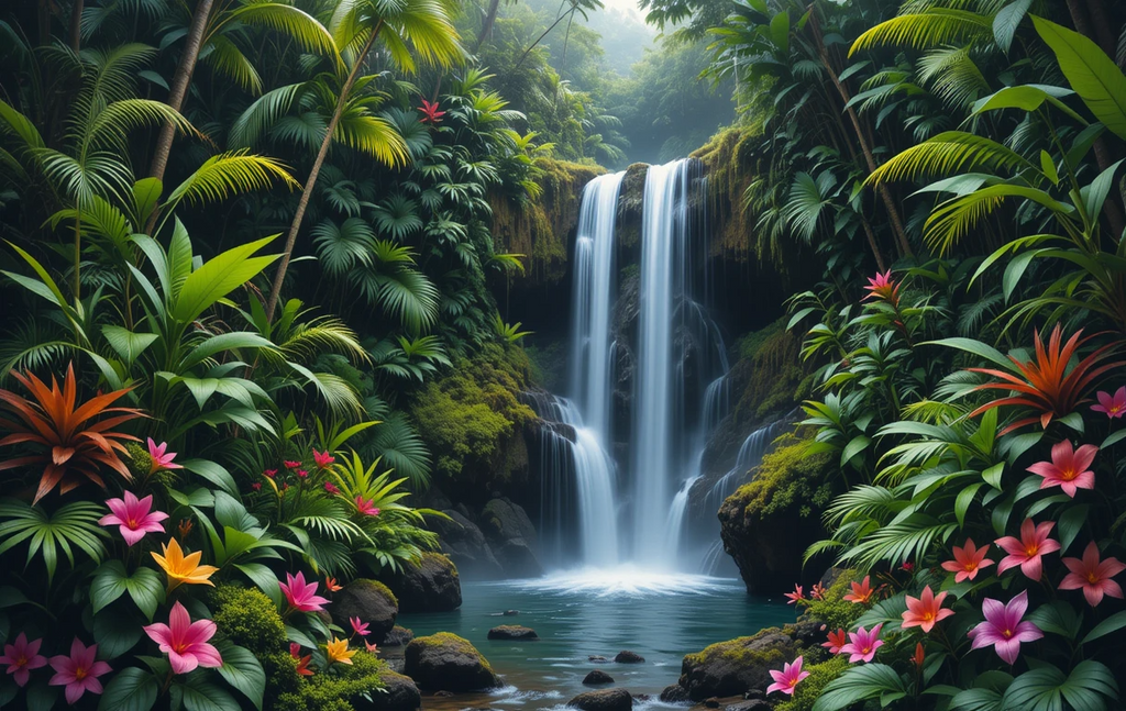 Tropical Jungle Waterfall Paradise - Palm Fronds Hibiscus Falls My Store