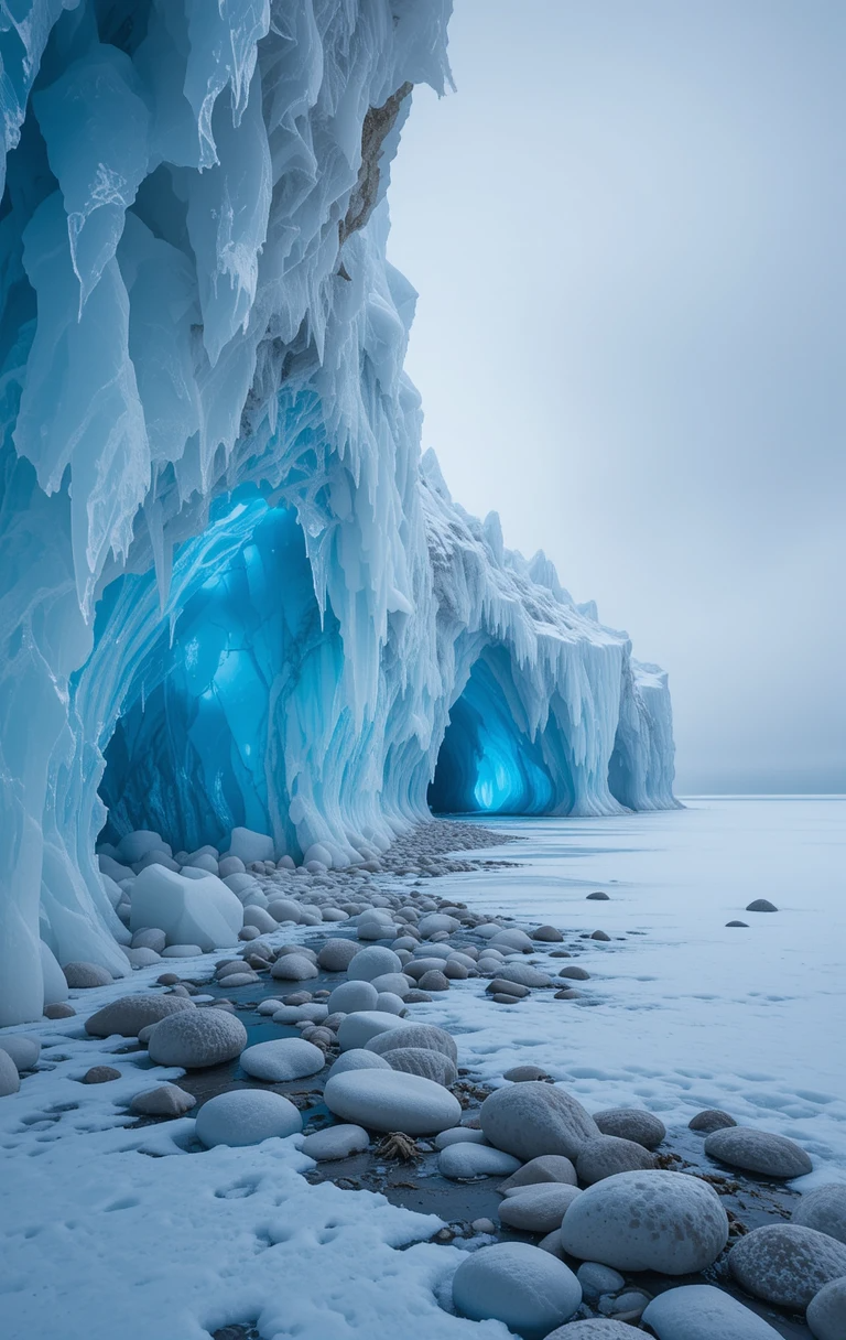 Ice Cave with Icicles Over Frozen Lake My Store