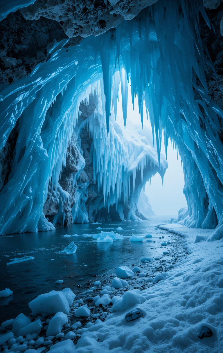Ice Cave with Icicles Over Frozen Lake My Store