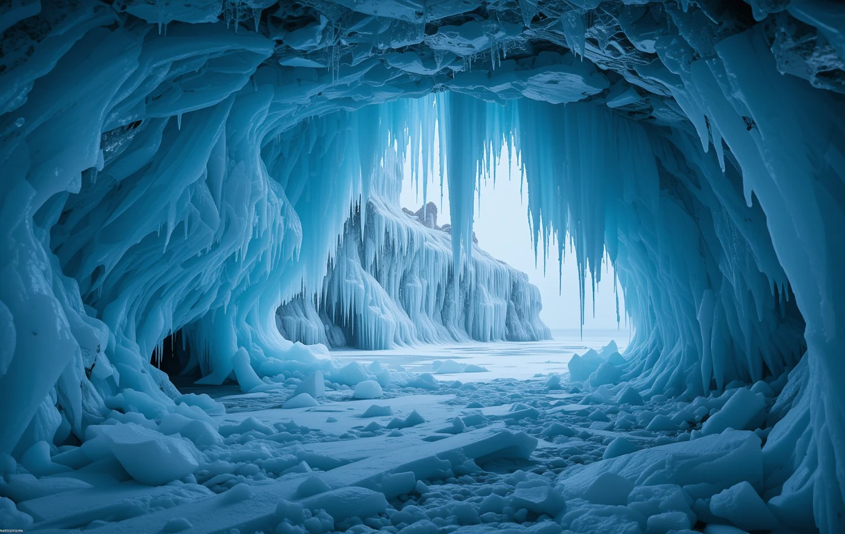 Ice Cave with Icicles Over Frozen Lake My Store
