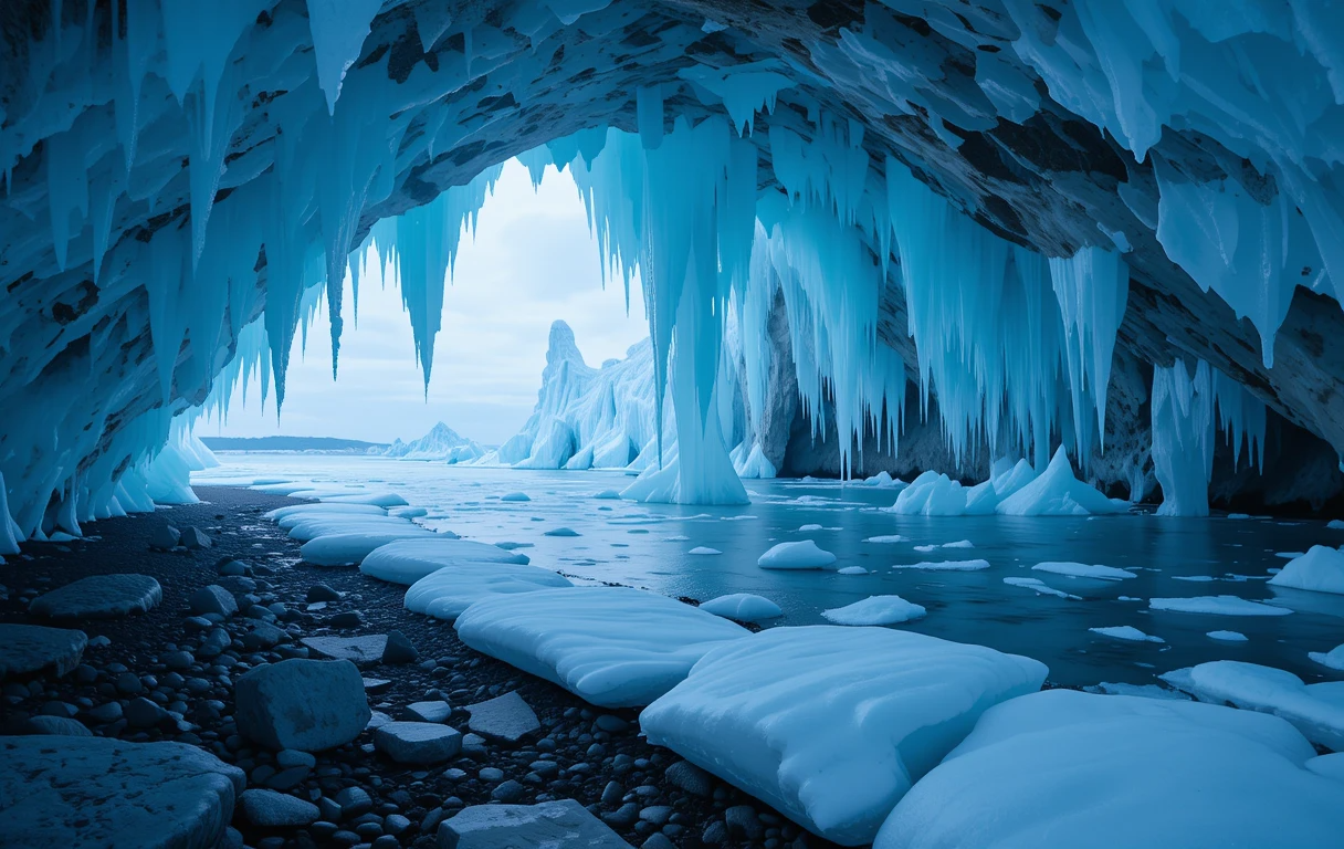 Ice Cave with Icicles Over Frozen Lake My Store