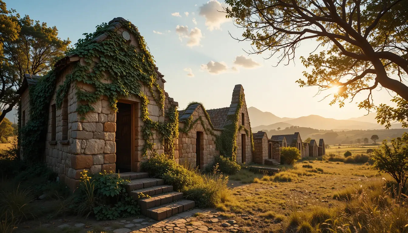 Rustic Stone Cottages at Sunset My Store