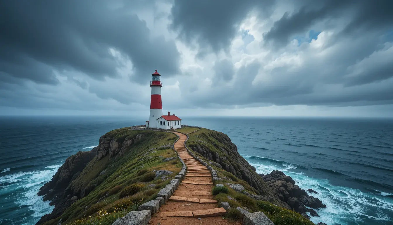 Normandy Lighthouse Stormy Sea Cliff Path - Dramatic Digital Art Print - My Store