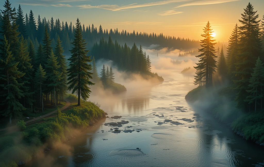 Misty River Forest Scene Print My Store