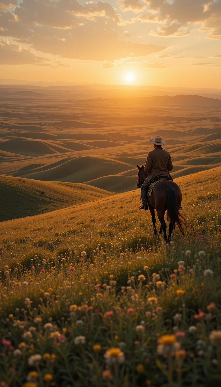 Cowboy Riding Horse Through Wildflower Fields at Golden Sunset My Store
