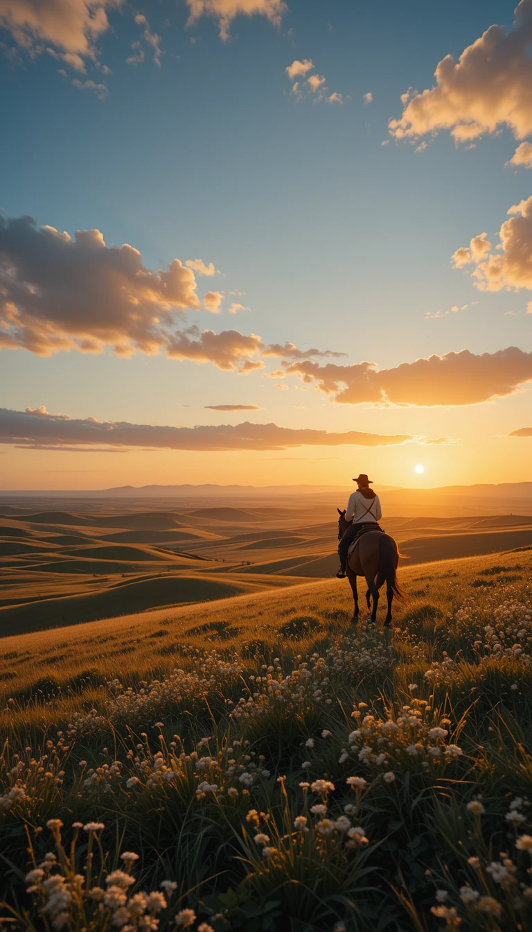 Cowboy Riding Horse Through Wildflower Fields at Golden Sunset My Store