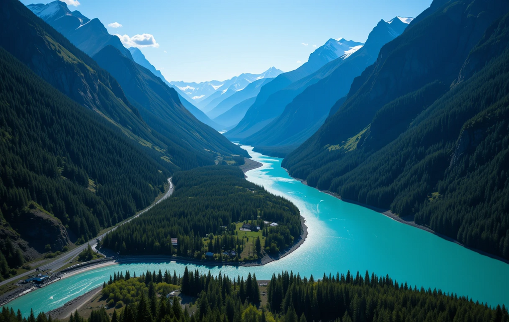 Turquoise River Winding Through Snow-Capped Mountain Valley My Store