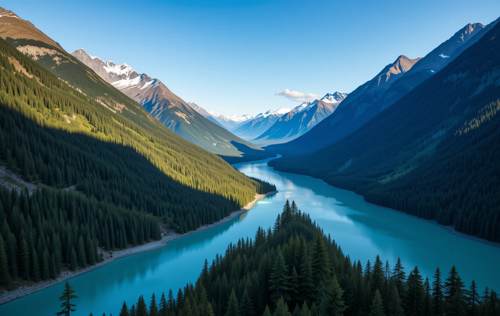 Turquoise River Winding Through Snow-Capped Mountain Valley My Store