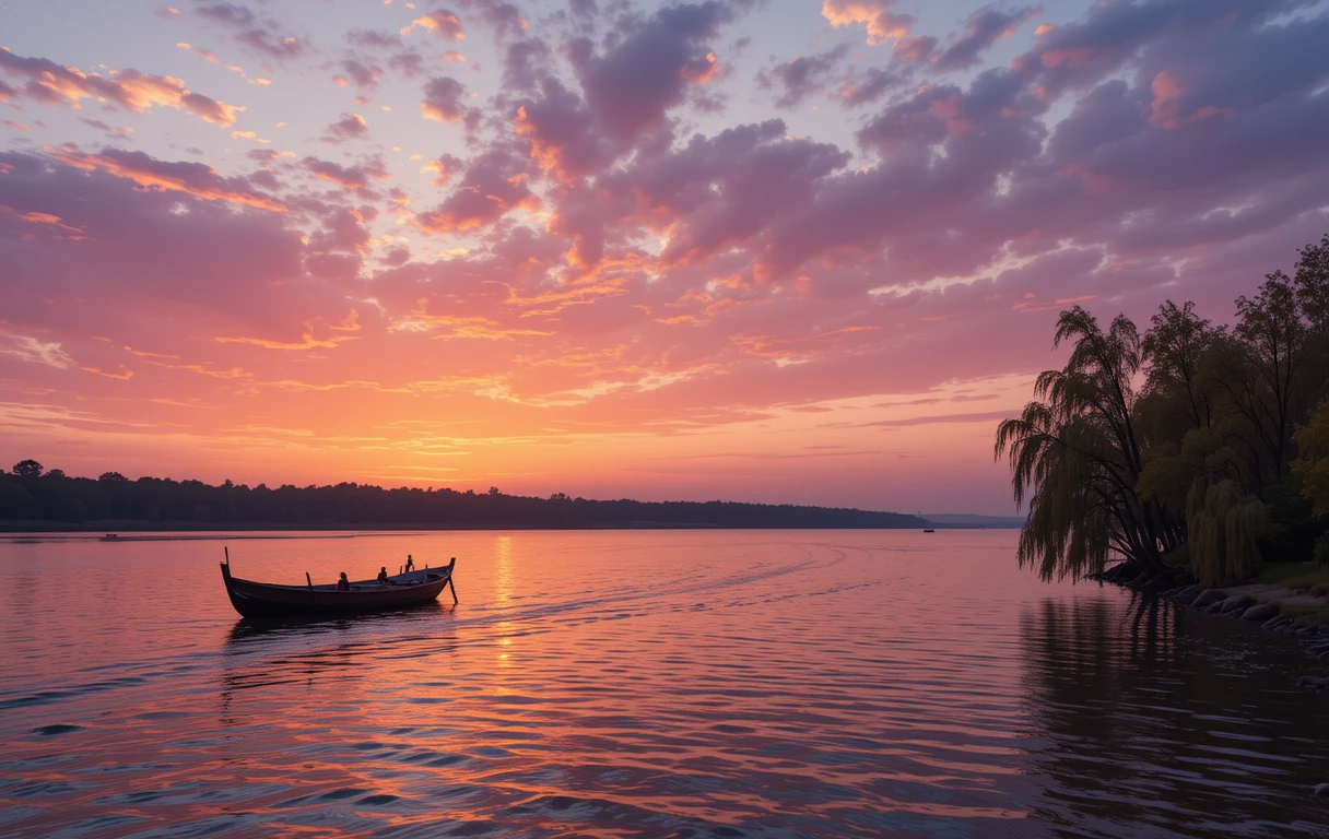 Sunset Boat Ride on Serene Lake with Willow Trees My Store