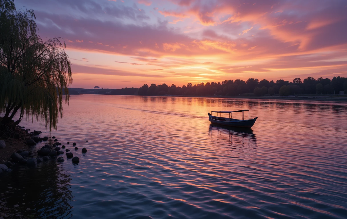 Sunset Boat Ride on Serene Lake with Willow Trees My Store