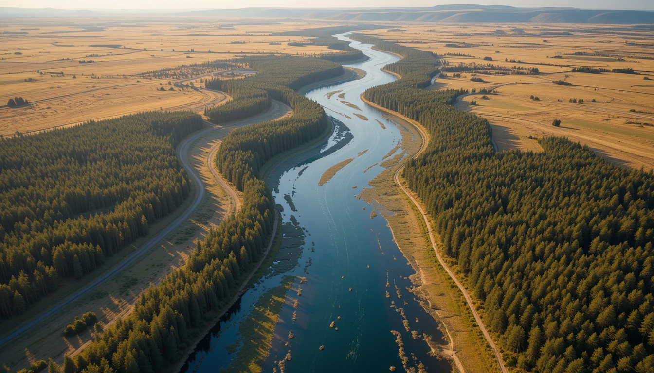 Aerial View of Winding River Through Golden Forest My Store