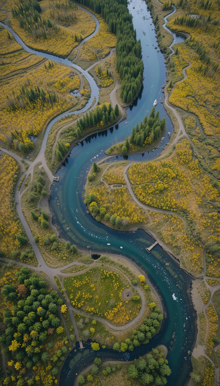 Aerial View of Winding River Through Golden Forest My Store