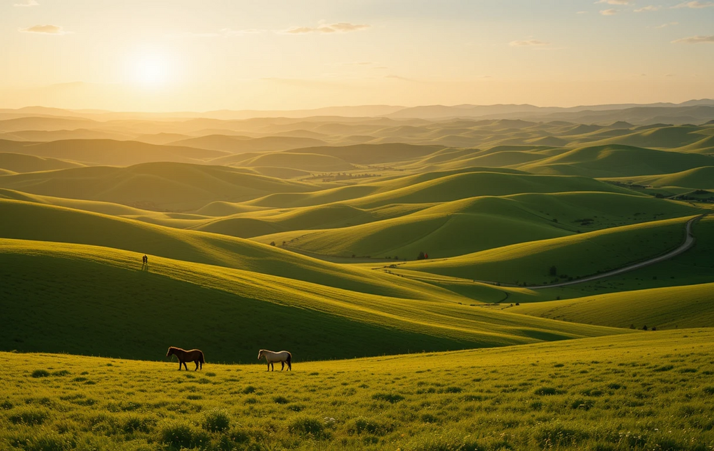 Golden Hour Rolling Green Hills with Grazing Horses My Store