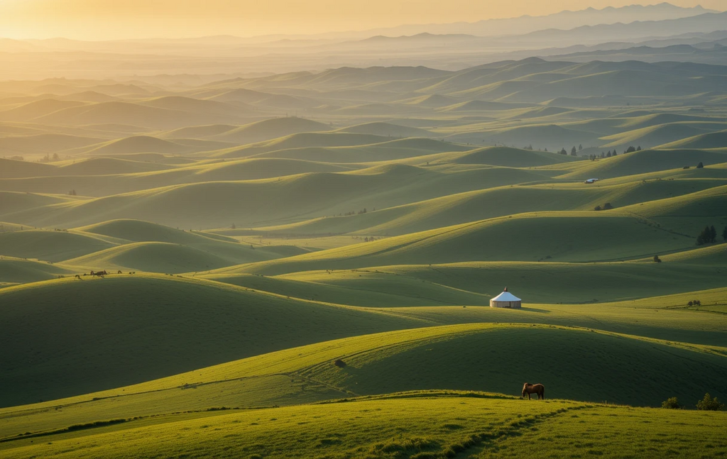 Golden Hour Rolling Green Hills with Grazing Horses My Store
