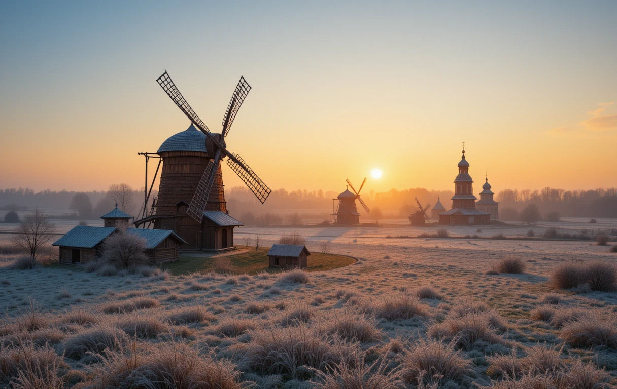 Traditional Windmills in Frosty Field at Dawn My Store