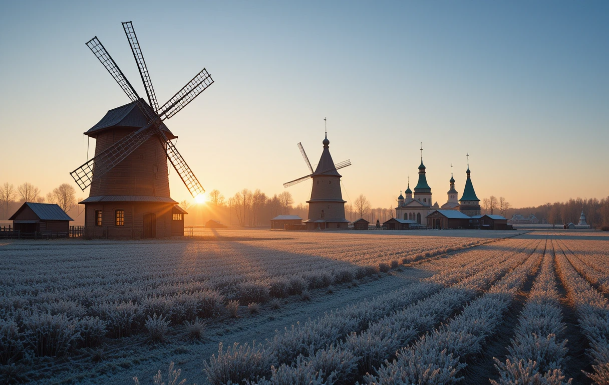 Traditional Windmills in Frosty Field at Dawn My Store