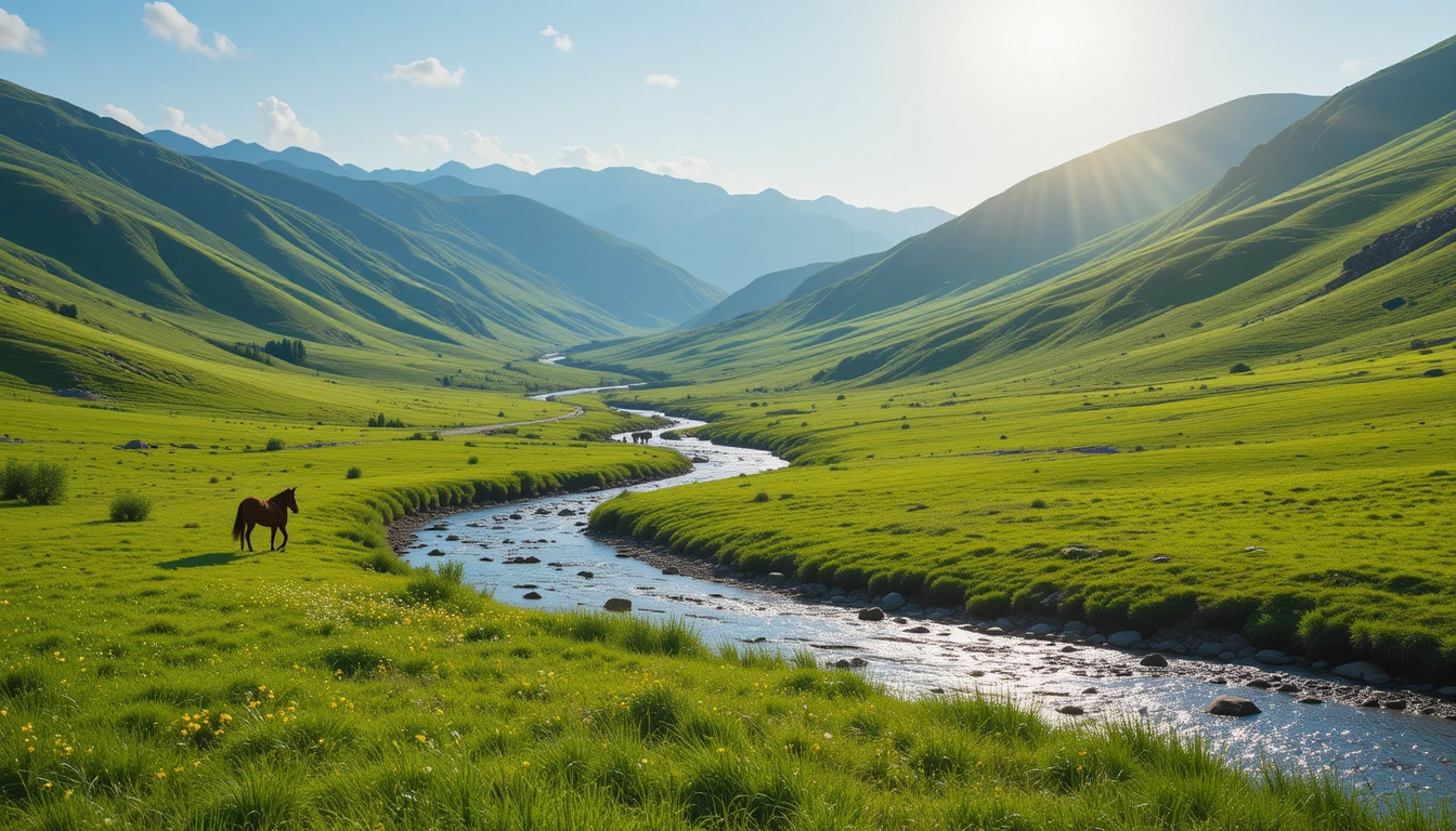 Lone Horse Grazing in Lush Green Valley with Winding River My Store
