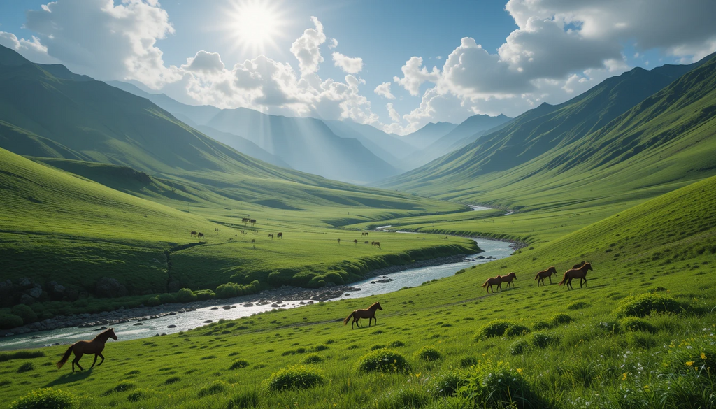 Lone Horse Grazing in Lush Green Valley with Winding River My Store