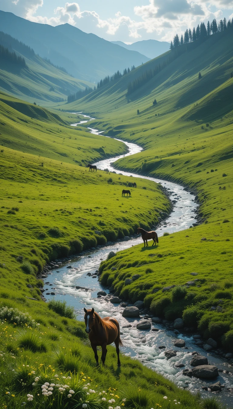 Lone Horse Grazing in Lush Green Valley with Winding River My Store