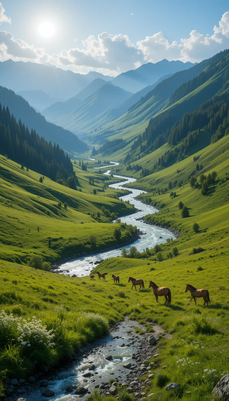 Lone Horse Grazing in Lush Green Valley with Winding River My Store