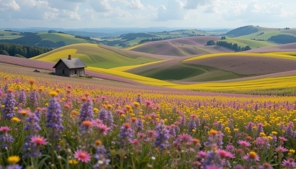 Colorful Rolling Flower Fields with Rustic Farmhouses My Store