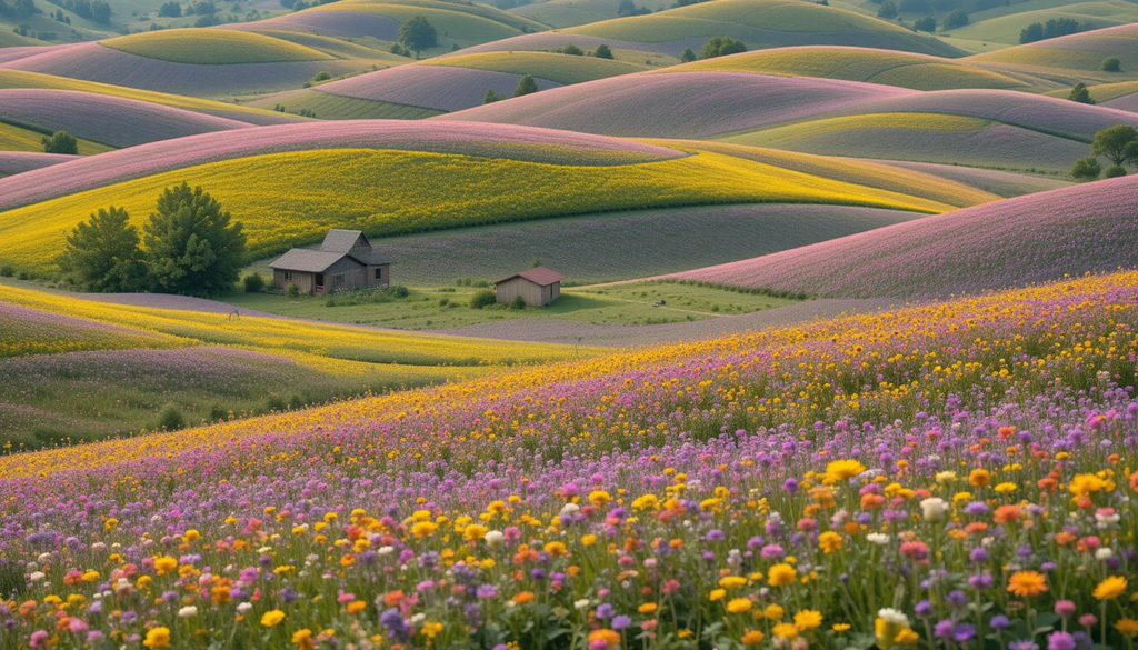 Colorful Rolling Flower Fields with Rustic Farmhouses My Store