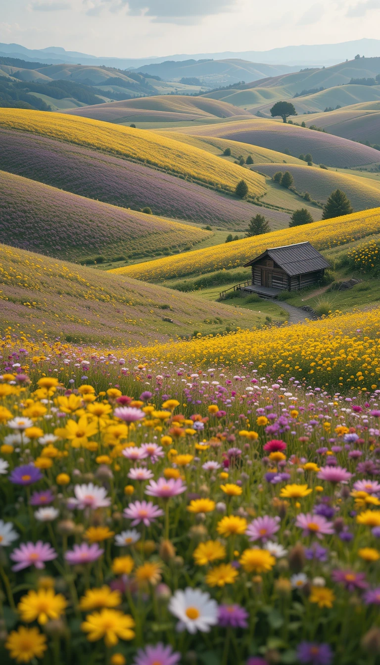 Colorful Rolling Flower Fields with Rustic Farmhouses My Store